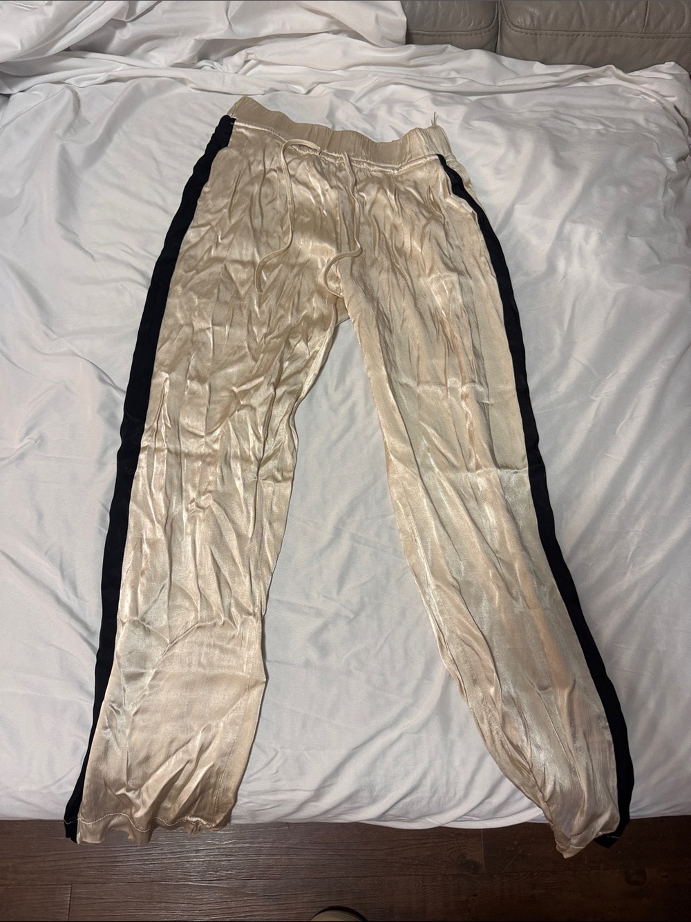 Zara Metallic Cream Wide Leg Pants with Black Side Stripe